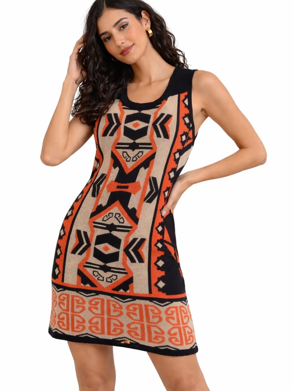 t/0 Sweaters Knit Dress L Black Orange Tribal Print Sleeveless Boho